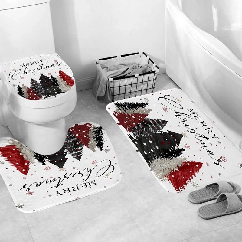 Apear1 4Pcs Merry Christmas Shower Curtain Set Xmas Tree Snowflake Shower Curtain for Christmas Bathroom Decor with Anti-Slip Waterproof Bathtub Bathroom Rugs Toilet Lid Cover (White) - Image 4